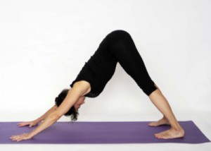 A yoga student in private class doing downward pose